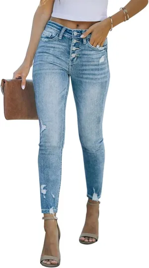 KUNMI Women's Ripped Skinny Slim Fit Jeans Frayed Distressed Stretchy Denim Pants