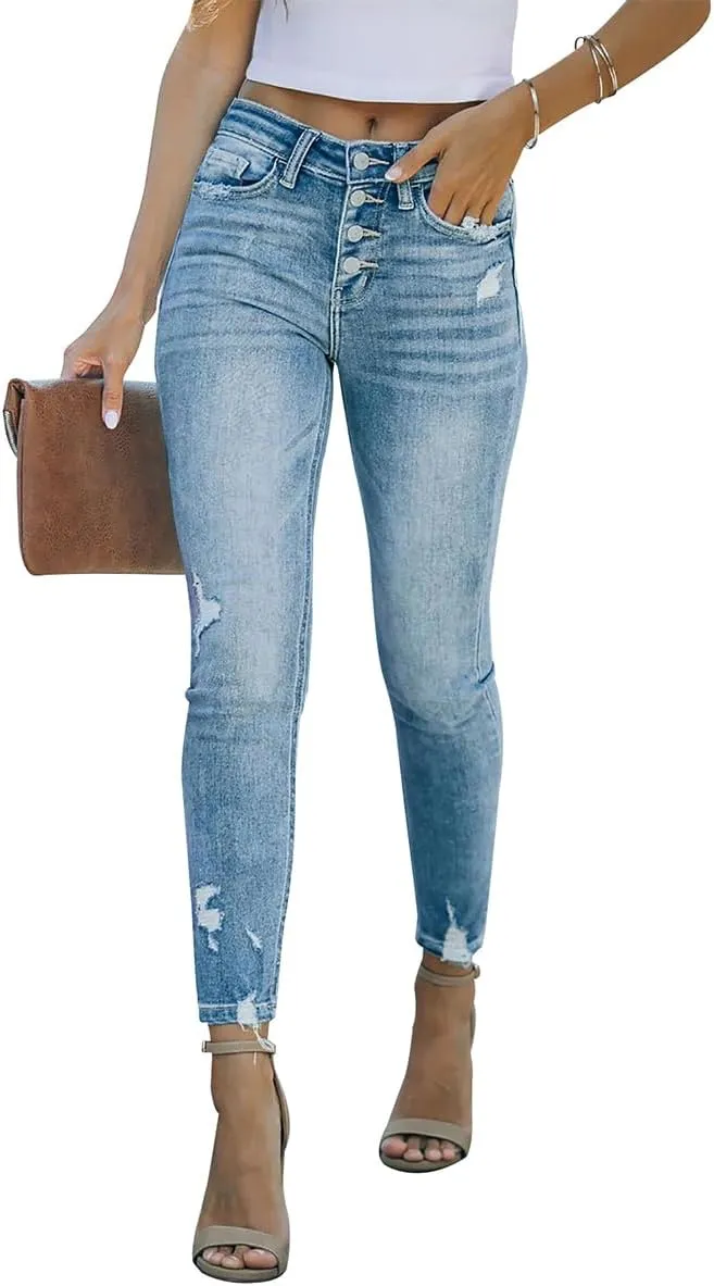 KUNMI Women's Ripped Skinny Slim Fit Jeans Frayed Distressed Stretchy Denim Pants