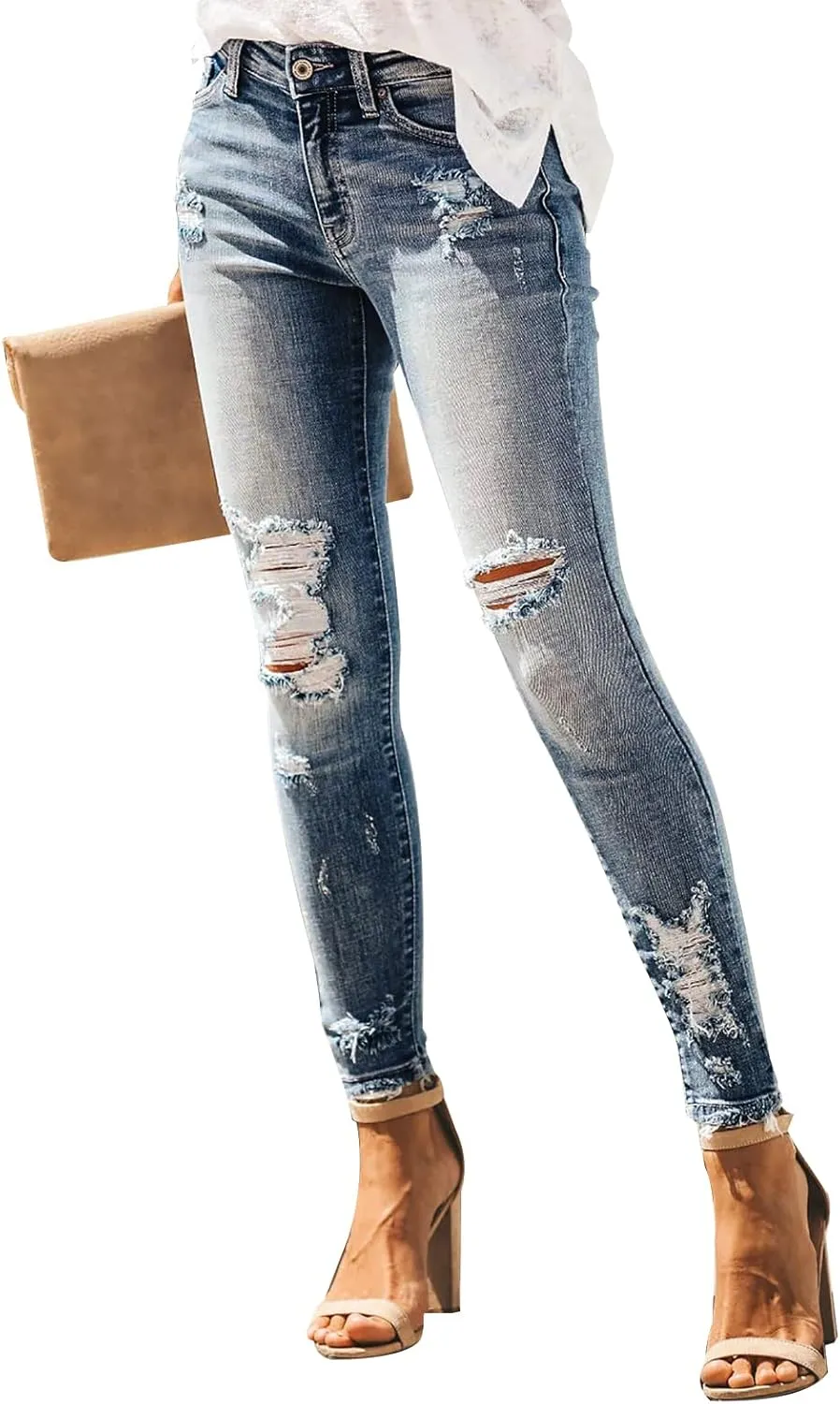 KUNMI Women's Ripped Skinny Slim Fit Jeans Frayed Distressed Stretchy Denim Pants