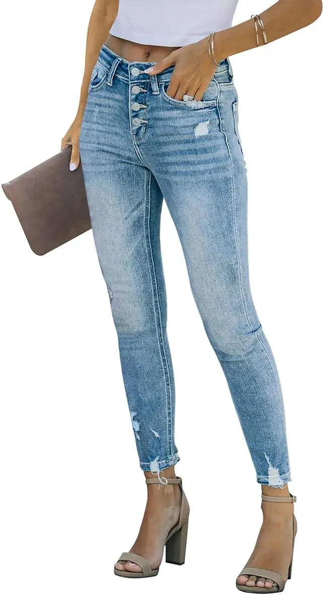 KUNMI Women's Ripped Skinny Slim Fit Jeans Frayed Distressed Stretchy Denim Pants