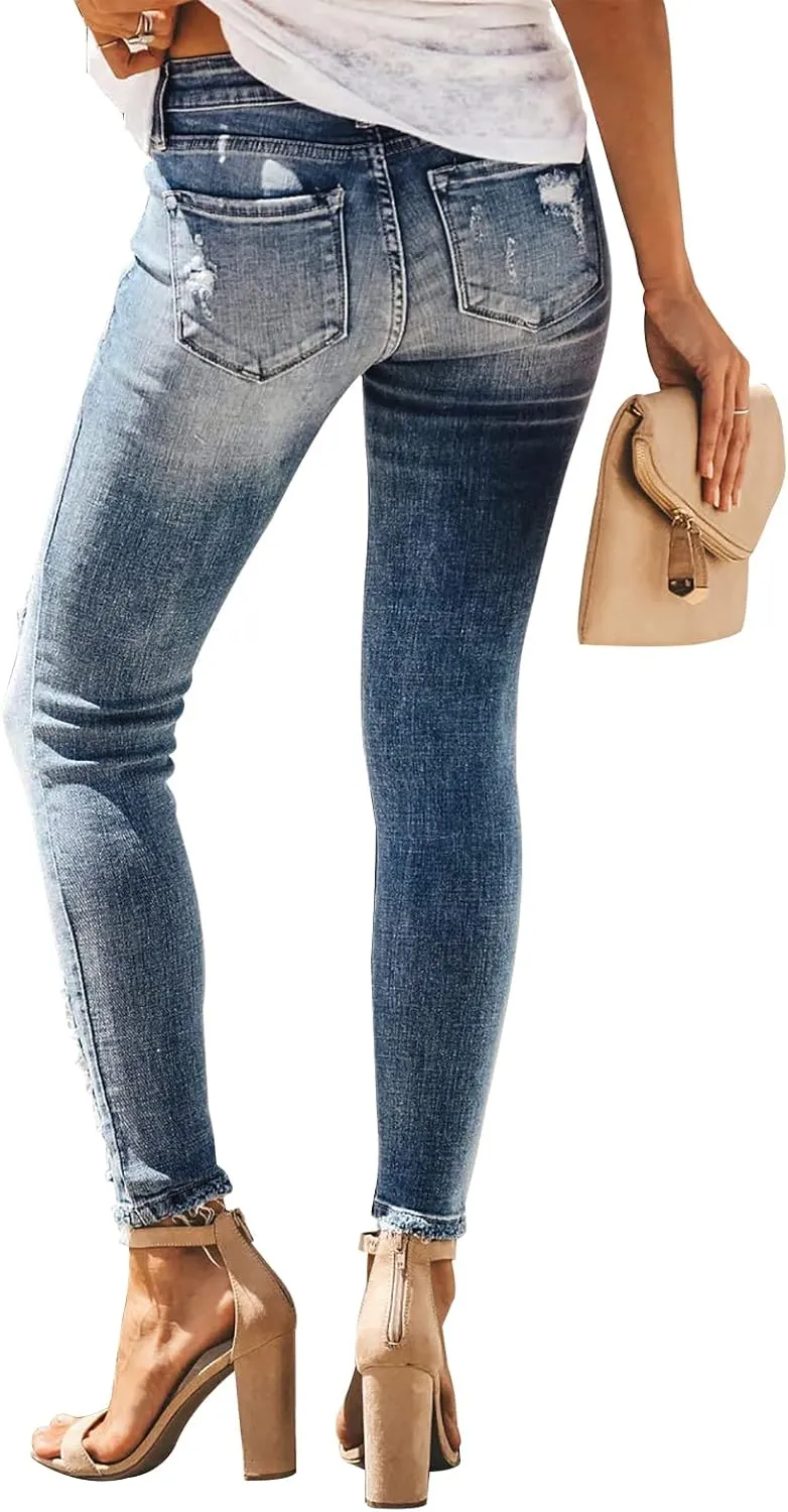 KUNMI Women's Ripped Skinny Slim Fit Jeans Frayed Distressed Stretchy Denim Pants