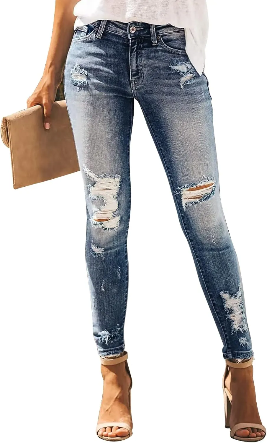KUNMI Women's Ripped Skinny Slim Fit Jeans Frayed Distressed Stretchy Denim Pants