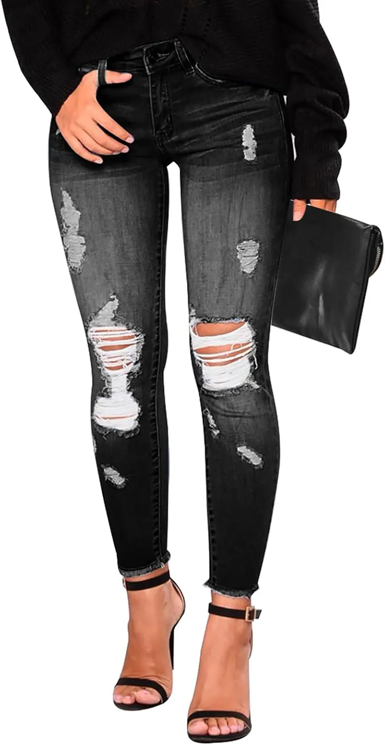 KUNMI Women's Skinny Ripped Trendy Jeans Distressed Stretchy Denim Pants