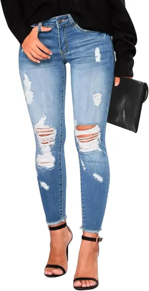 KUNMI Women's Skinny Ripped Trendy Jeans Distressed Stretchy Denim Pants