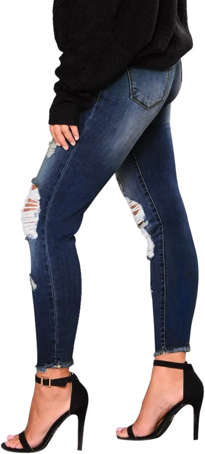 KUNMI Women's Skinny Ripped Trendy Jeans Distressed Stretchy Denim Pants