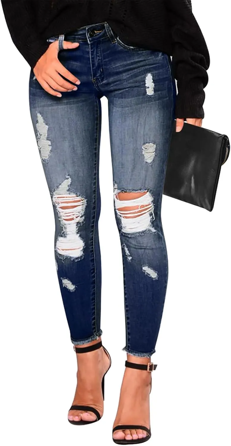 KUNMI Women's Skinny Ripped Trendy Jeans Distressed Stretchy Denim Pants