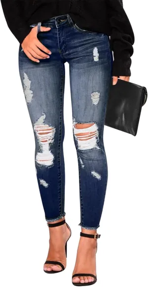 KUNMI Women's Skinny Ripped Trendy Jeans Distressed Stretchy Denim Pants