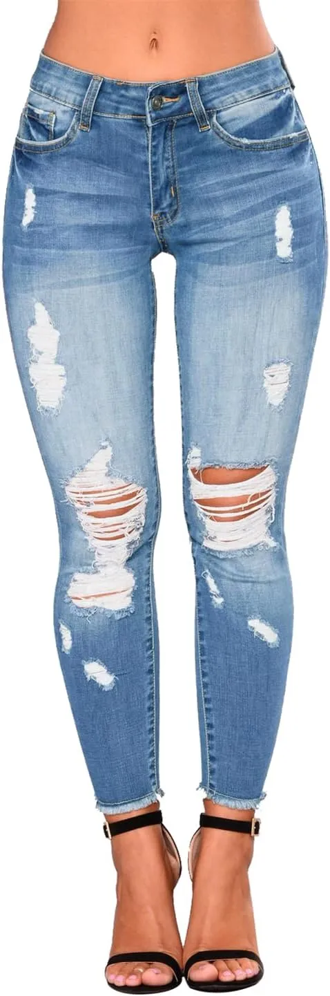 KUNMI Women's Skinny Ripped Trendy Jeans Distressed Stretchy Denim Pants