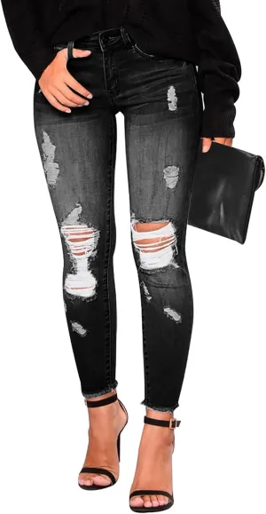 KUNMI Women's Skinny Ripped Trendy Jeans Distressed Stretchy Denim Pants