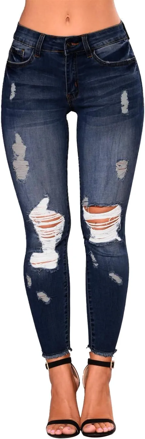 KUNMI Women's Skinny Ripped Trendy Jeans Distressed Stretchy Denim Pants