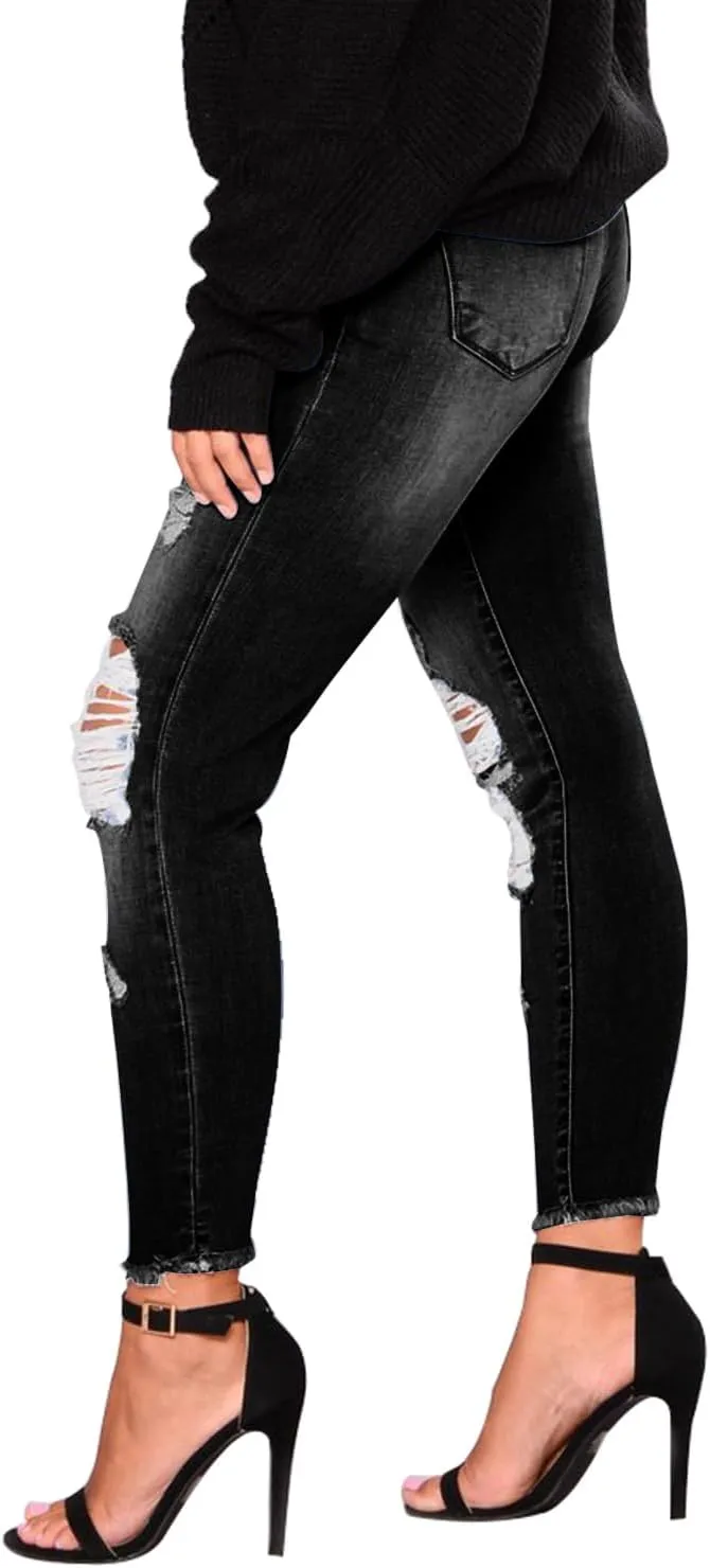 KUNMI Women's Skinny Ripped Trendy Jeans Distressed Stretchy Denim Pants