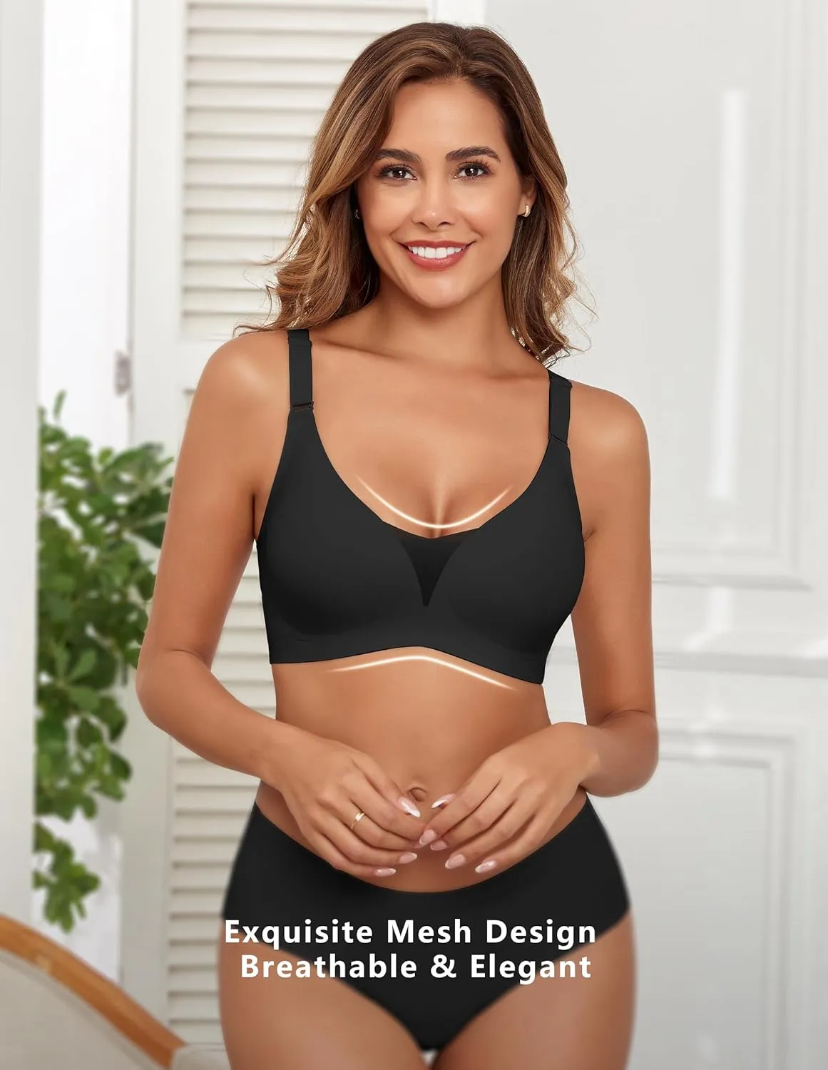 Lace V Mesh Wireless Bras Push Up Bralette Seamless Plunge Bra Everyday Bras for Women No Underwire with Extender