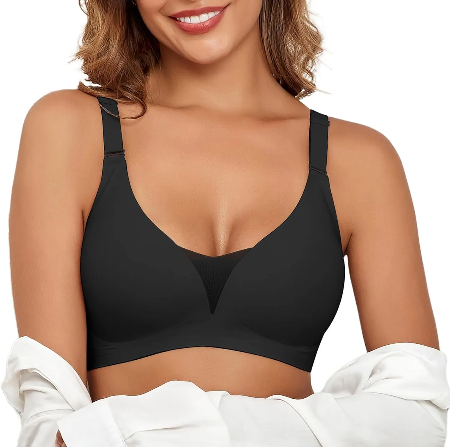 Lace V Mesh Wireless Bras Push Up Bralette Seamless Plunge Bra Everyday Bras for Women No Underwire with Extender