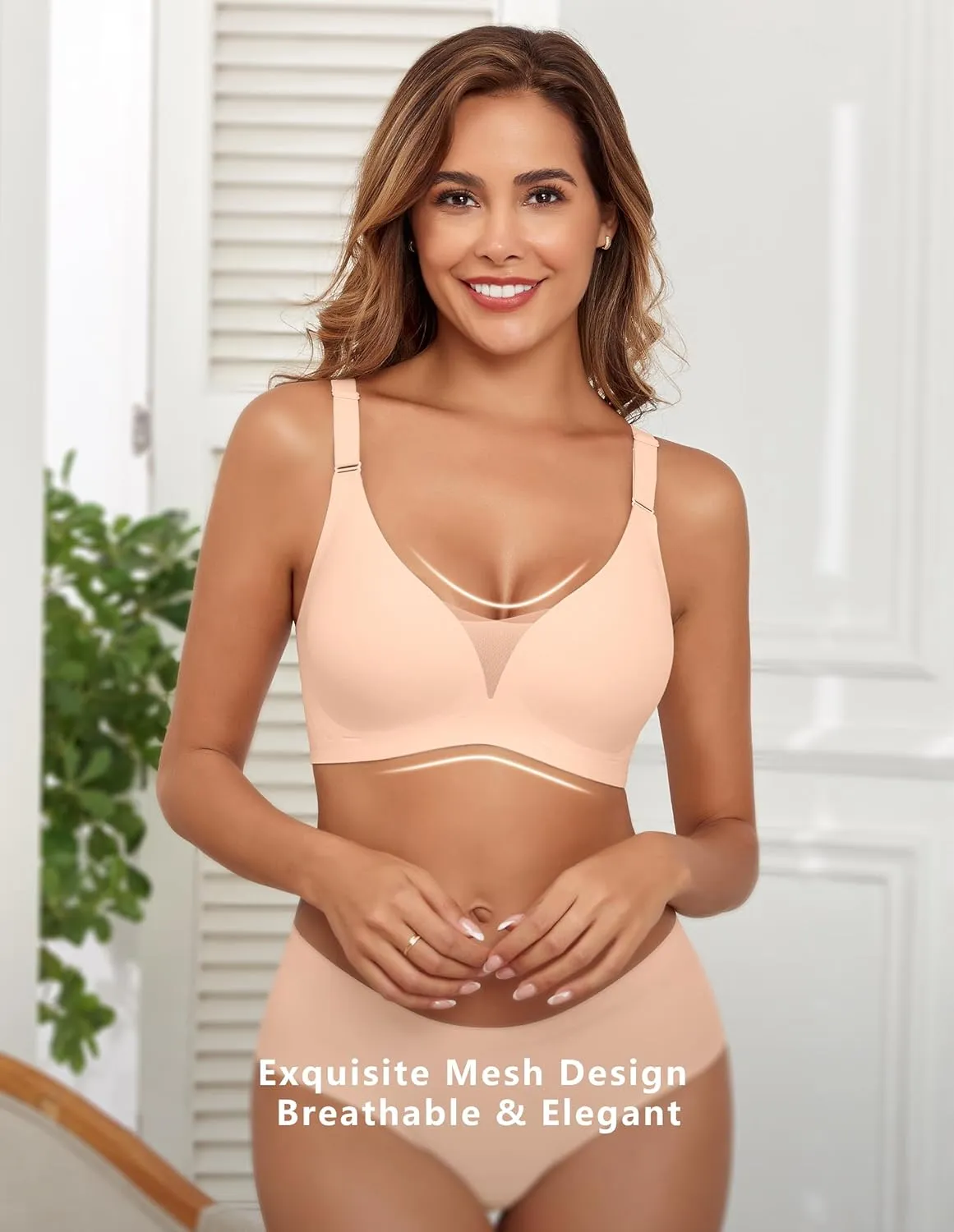 Lace V Mesh Wireless Bras Push Up Bralette Seamless Plunge Bra Everyday Bras for Women No Underwire with Extender