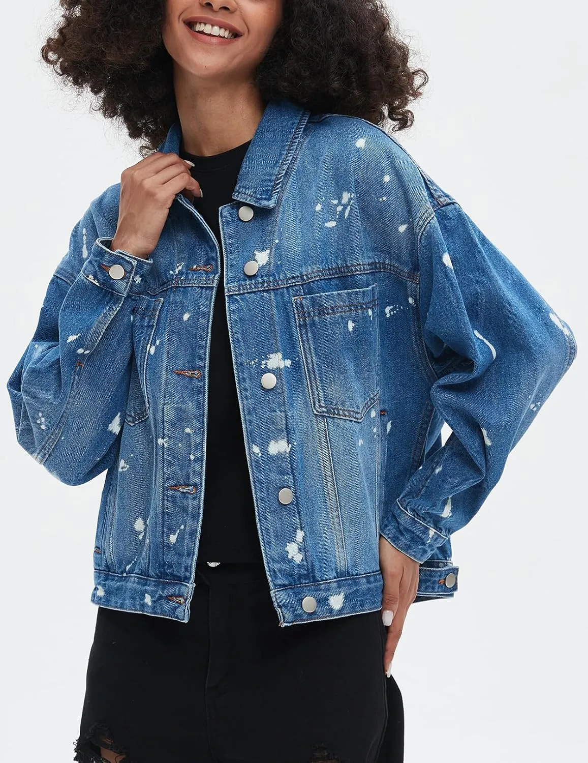 Ladyful Women's Jean Jacket Oversized Button Down Long Sleeve Distressed Denim Jacket Vintage Trucker Coat with Pockets