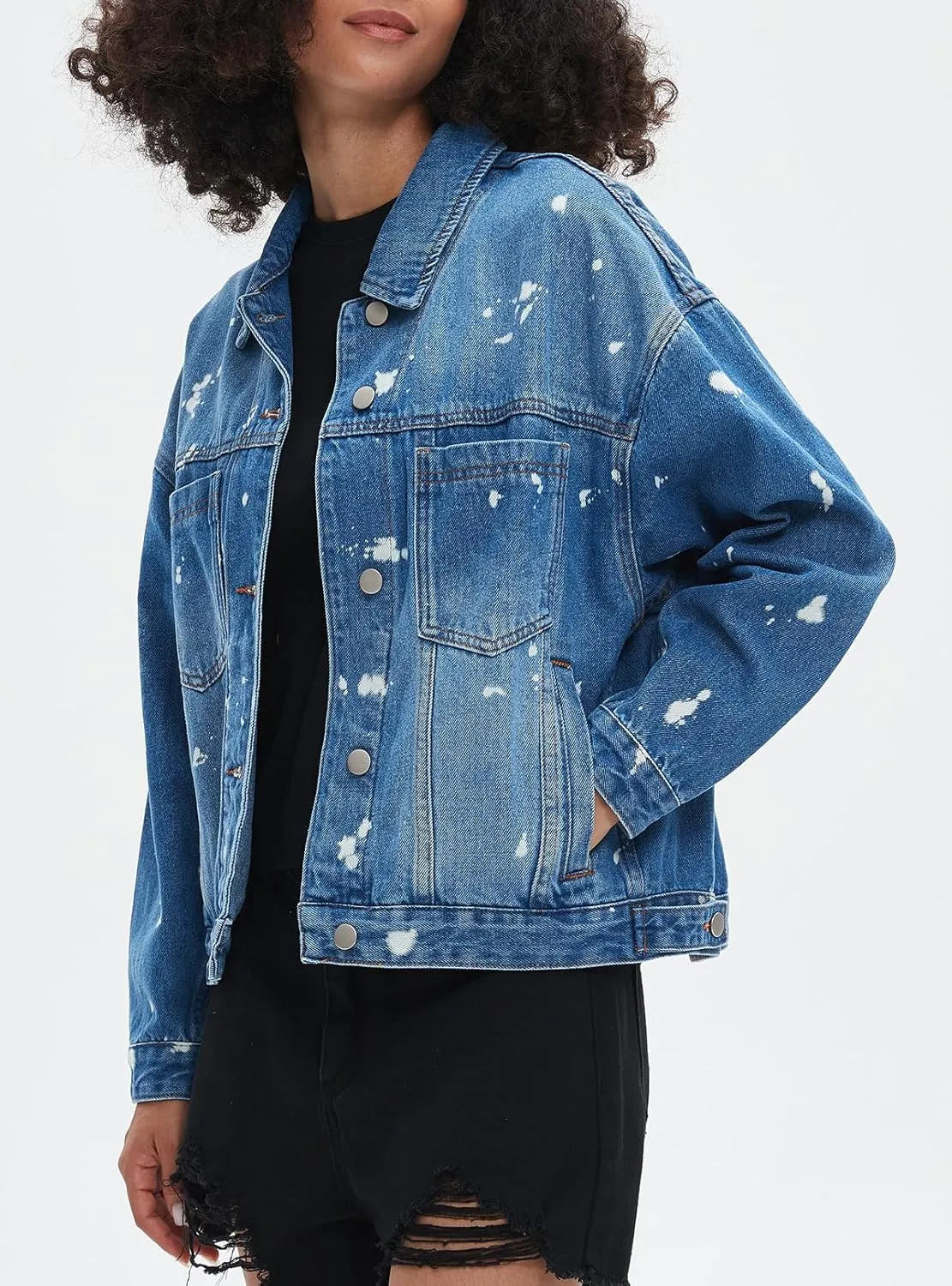 Ladyful Women's Jean Jacket Oversized Button Down Long Sleeve Distressed Denim Jacket Vintage Trucker Coat with Pockets