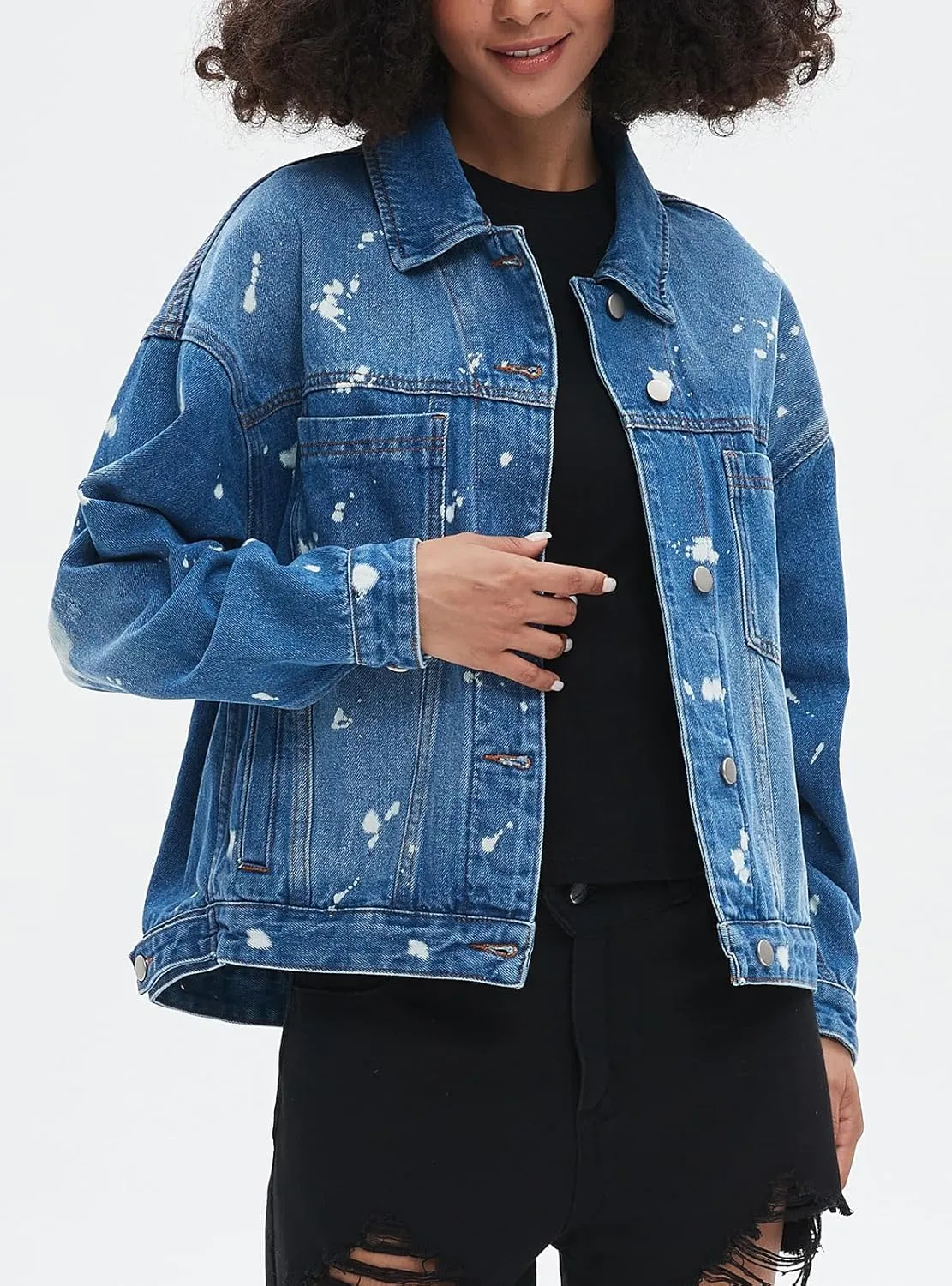 Ladyful Women's Jean Jacket Oversized Button Down Long Sleeve Distressed Denim Jacket Vintage Trucker Coat with Pockets