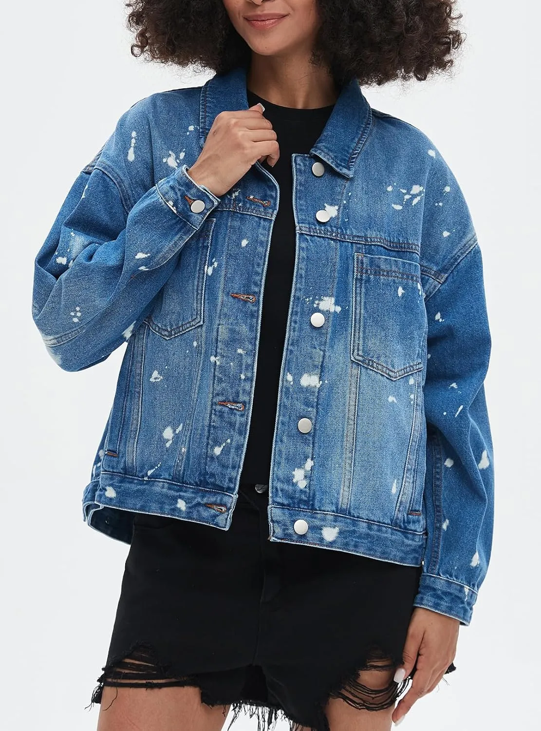 Ladyful Women's Jean Jacket Oversized Button Down Long Sleeve Distressed Denim Jacket Vintage Trucker Coat with Pockets