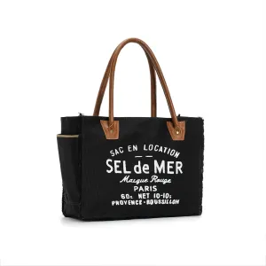 Lamyba Sel De Mer Canvas HandBag Upcycled Canvas Leather Tote Bag,Large Black