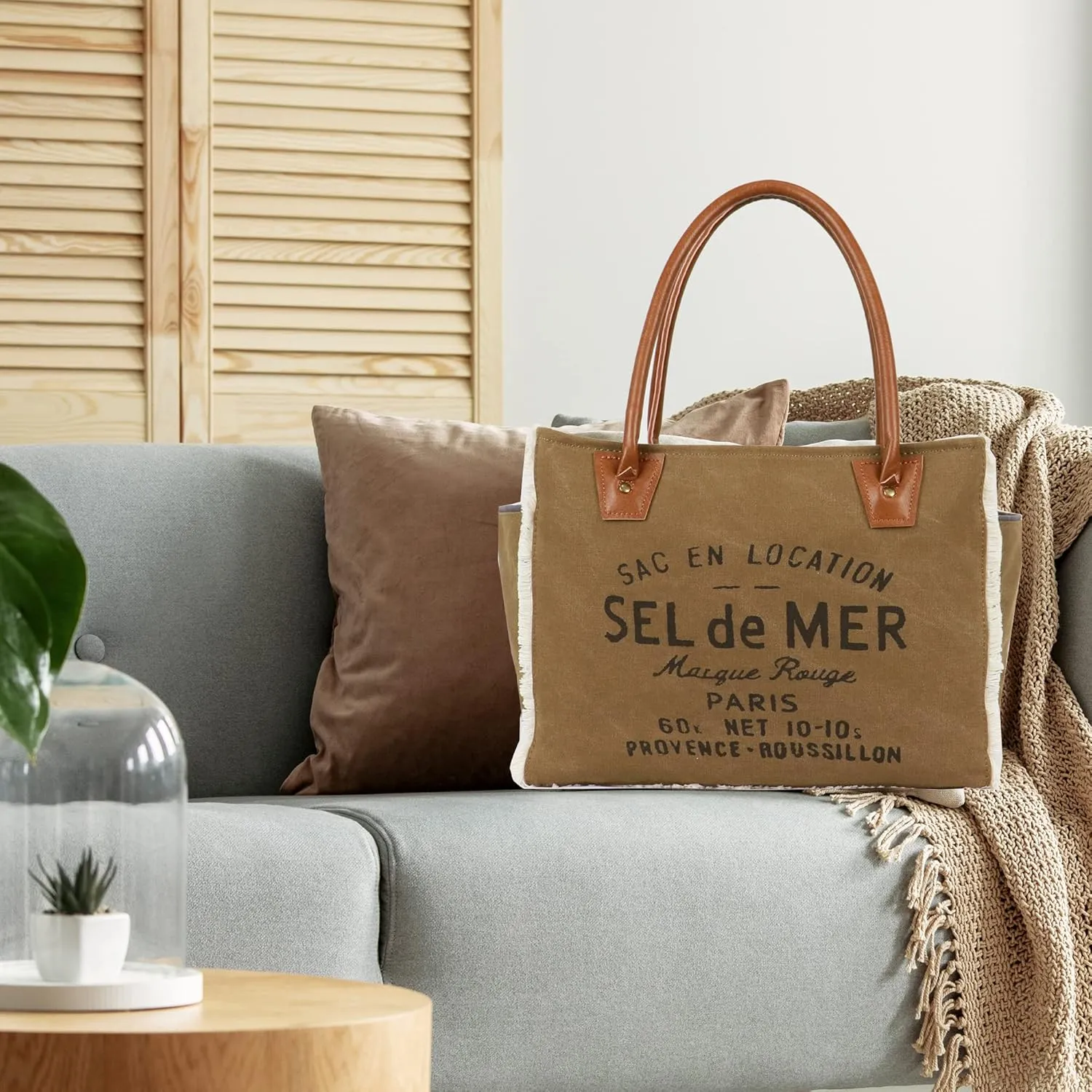 Lamyba Sel De Mer Canvas HandBag Upcycled Canvas Leather Tote Bag,Large Black