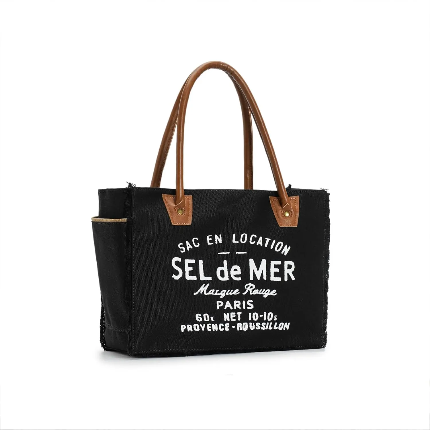 Lamyba Sel De Mer Canvas HandBag Upcycled Canvas Leather Tote Bag,Large Black