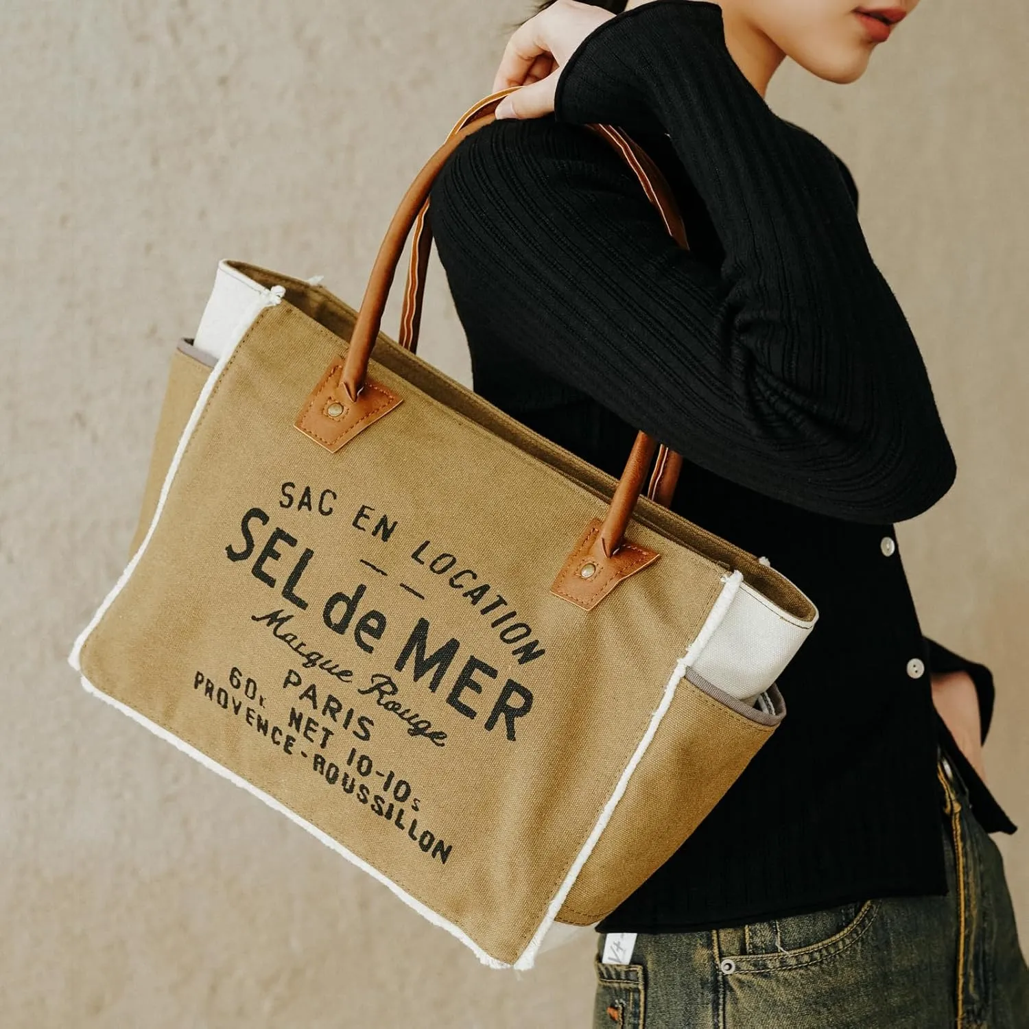 Lamyba Sel De Mer Canvas HandBag Upcycled Canvas Leather Tote Bag,Large Black