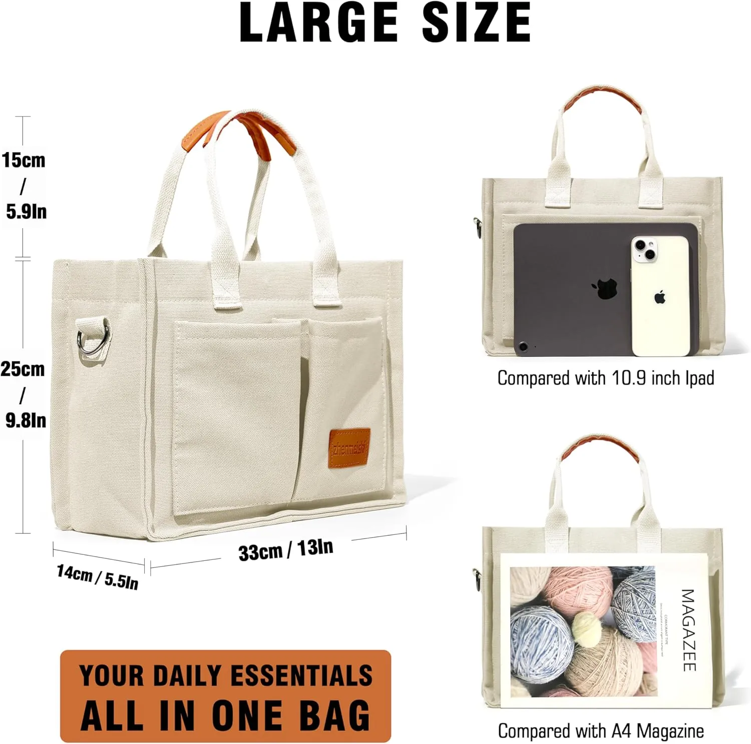 Large Canvas Tote Bag for Women with Pockets, Crossbody Shoulder Handbag Work Bags for Travel and Everyday Use