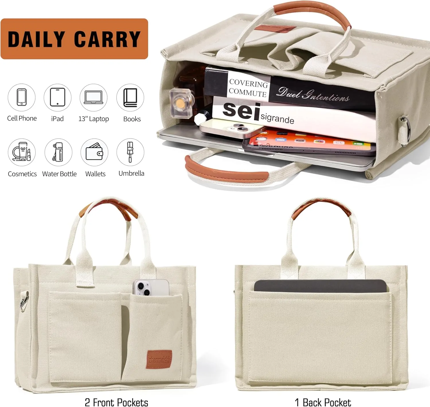 Large Canvas Tote Bag for Women with Pockets, Crossbody Shoulder Handbag Work Bags for Travel and Everyday Use