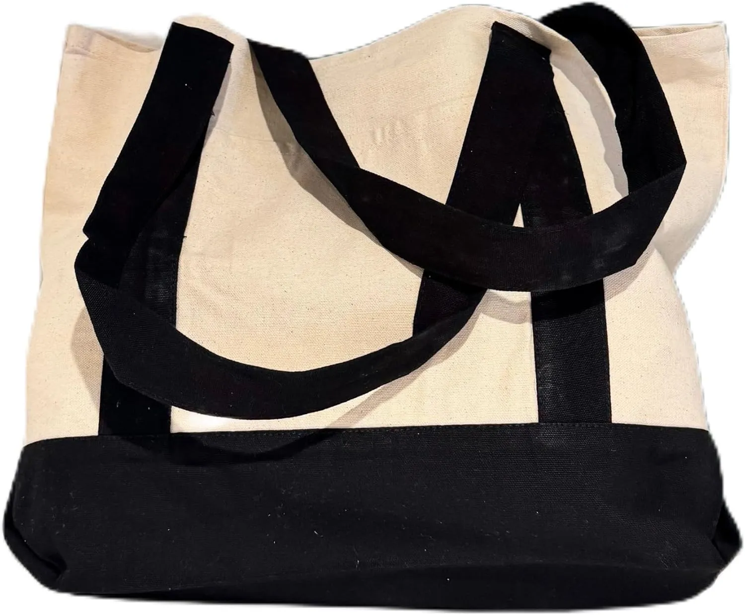 Large Canvas Tote Bag, Two-Tone Beige and Black, Double Shoulder Straps, Trader Joe's Tote Bag
