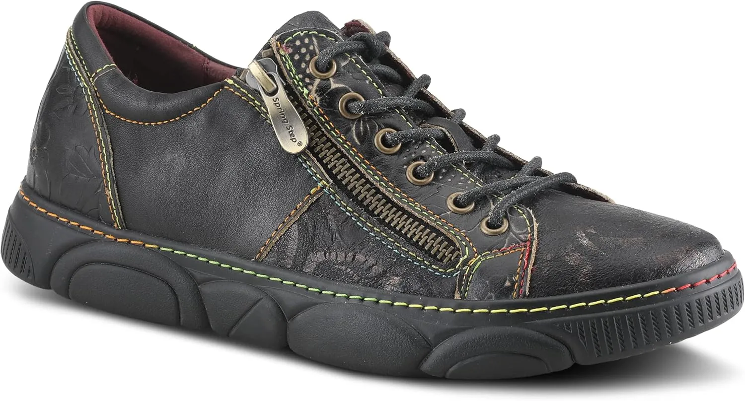 L'Artiste by Spring Step Women's Danli-Bloom Sneaker – Hand-Painted Leather Platform Shoes with Zipper & Lace-Up Closure, Removable Insole, Rainbow Stitching, Comfort Fit