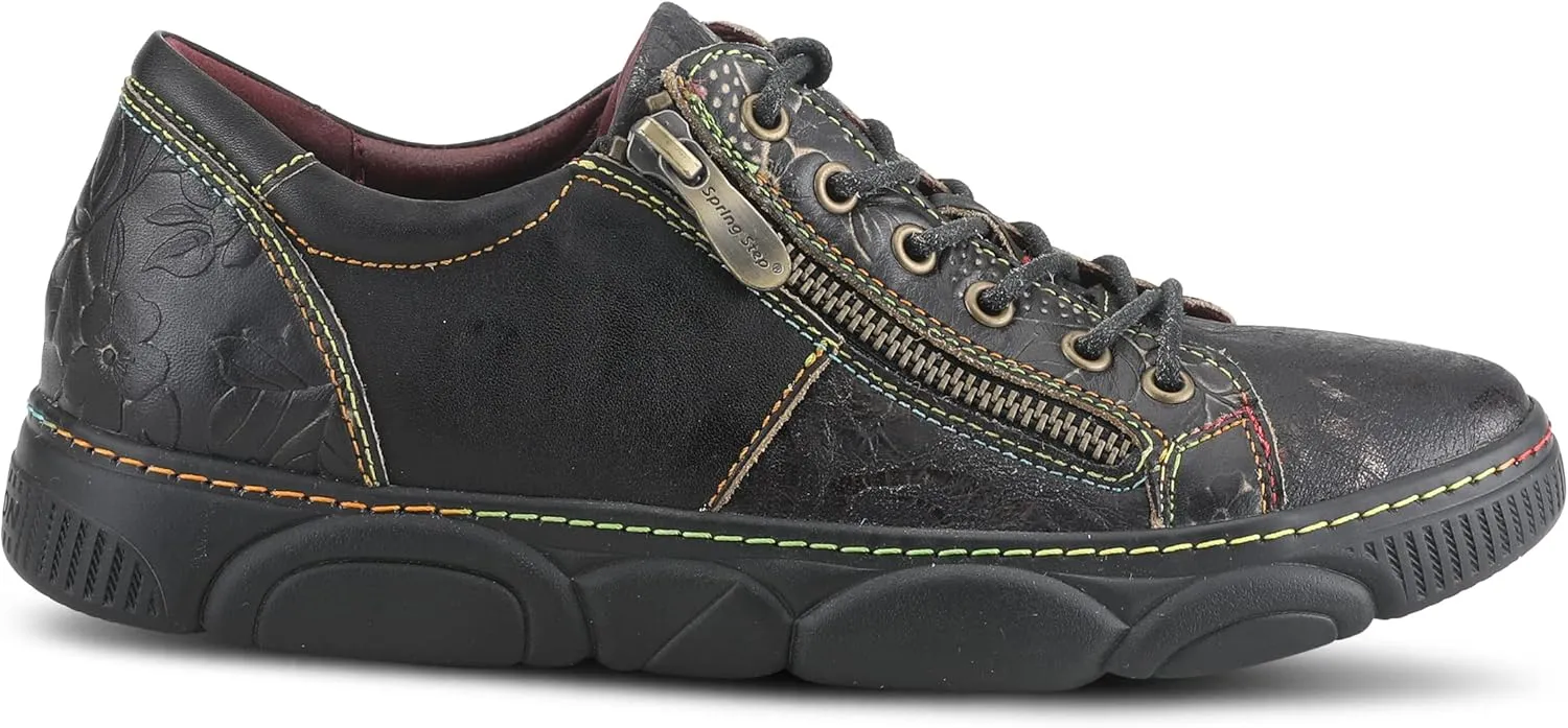 L'Artiste by Spring Step Women's Danli-Bloom Sneaker – Hand-Painted Leather Platform Shoes with Zipper & Lace-Up Closure, Removable Insole, Rainbow Stitching, Comfort Fit