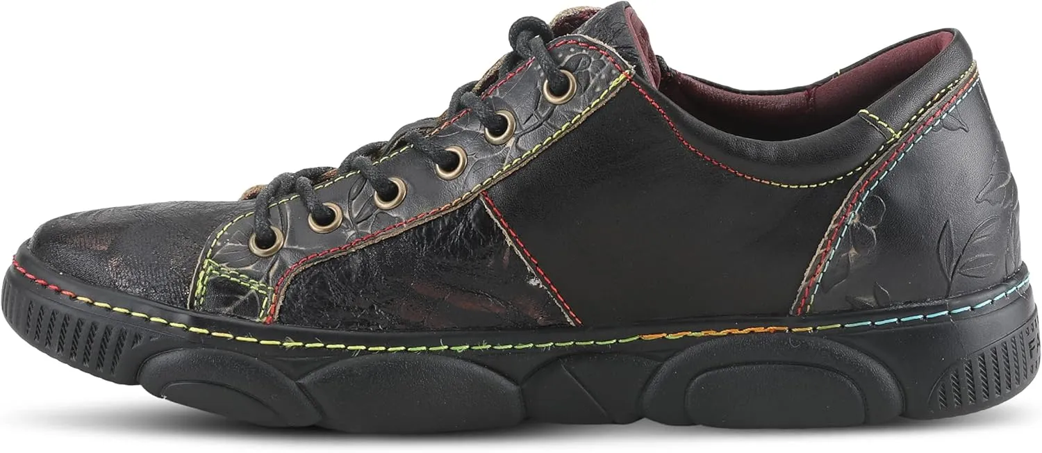 L'Artiste by Spring Step Women's Danli-Bloom Sneaker – Hand-Painted Leather Platform Shoes with Zipper & Lace-Up Closure, Removable Insole, Rainbow Stitching, Comfort Fit