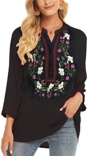 LauraKlein Women's Mexican Embroidered Tops Bohemian Clothes 3/4 Sleeve V Neck Boho Shirts Peasant Tunics Blouses