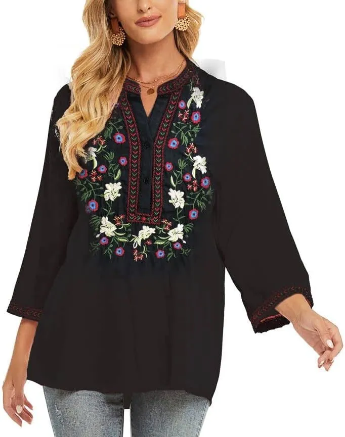 LauraKlein Women's Mexican Embroidered Tops Bohemian Clothes 3/4 Sleeve V Neck Boho Shirts Peasant Tunics Blouses