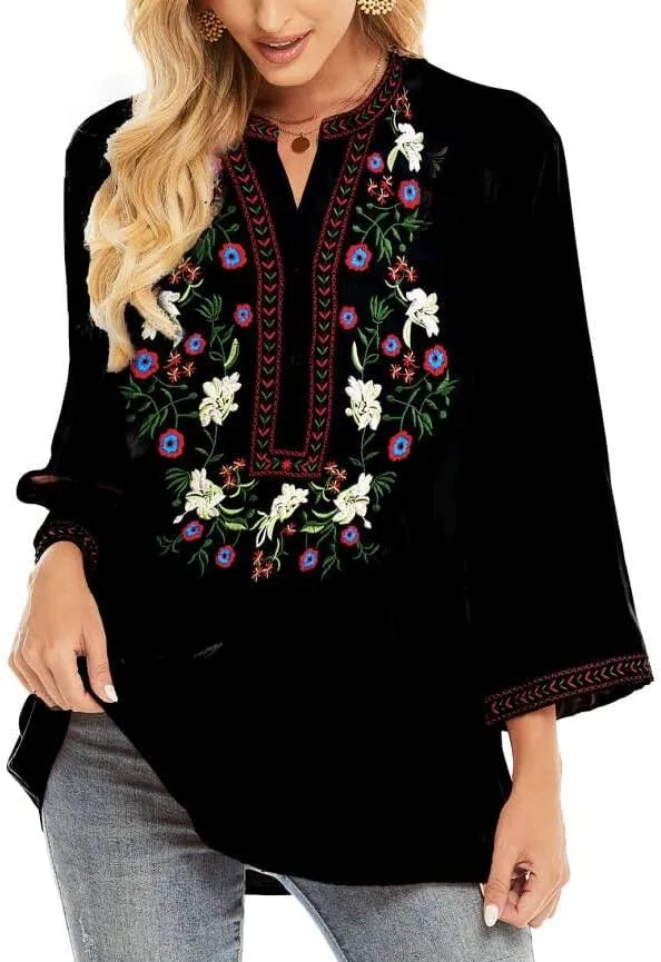 LauraKlein Women's Mexican Embroidered Tops Bohemian Clothes 3/4 Sleeve V Neck Boho Shirts Peasant Tunics Blouses
