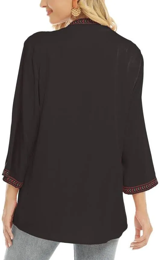LauraKlein Women's Mexican Embroidered Tops Bohemian Clothes 3/4 Sleeve V Neck Boho Shirts Peasant Tunics Blouses