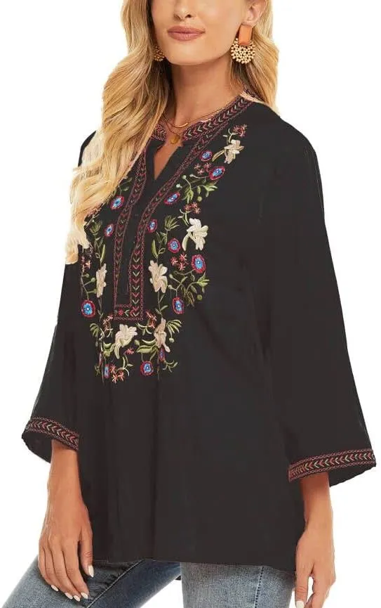 LauraKlein Women's Mexican Embroidered Tops Bohemian Clothes 3/4 Sleeve V Neck Boho Shirts Peasant Tunics Blouses