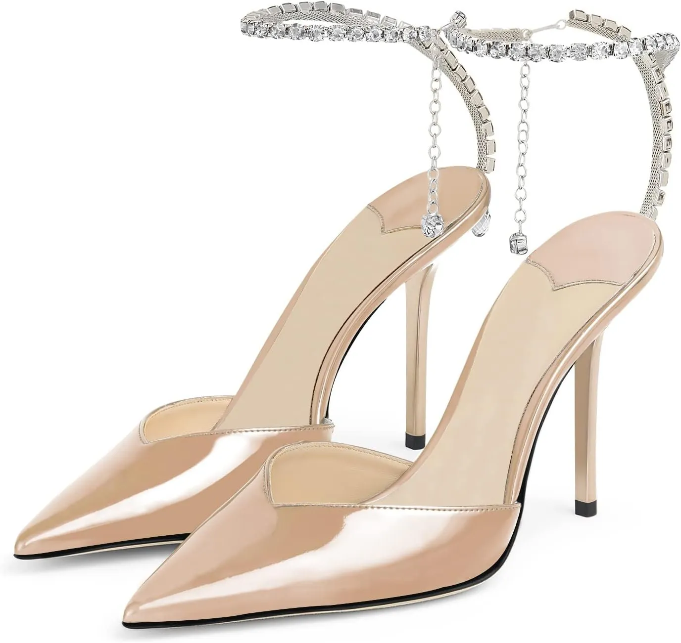 LauraVicci Women's Heeled Sandals Crystal Chain Ankle Straps Rhinestones Embellished Liquid-Metal Leather Stiletto High Heels Slip On Wedding Party Dress Shoes