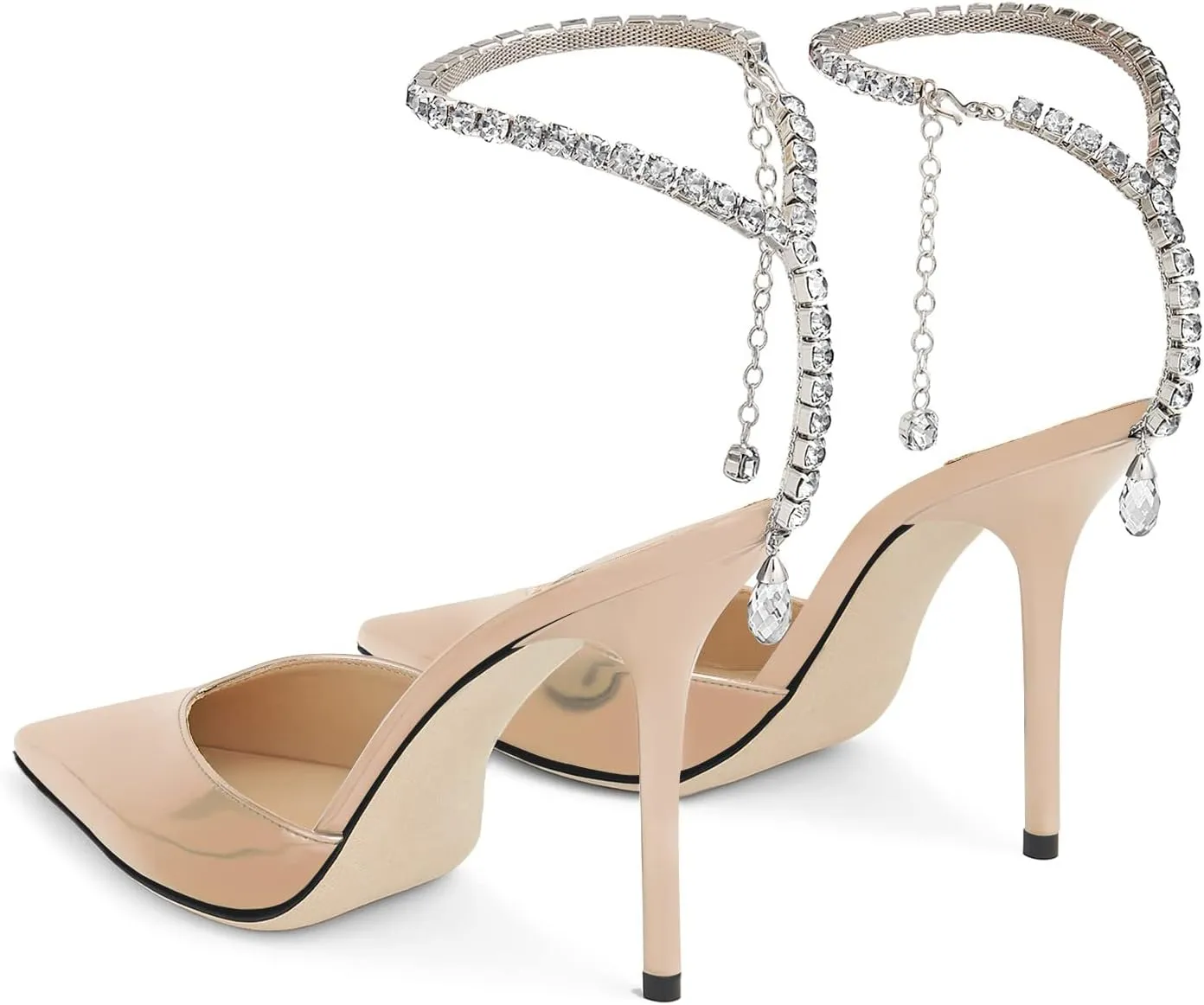 LauraVicci Women's Heeled Sandals Crystal Chain Ankle Straps Rhinestones Embellished Liquid-Metal Leather Stiletto High Heels Slip On Wedding Party Dress Shoes