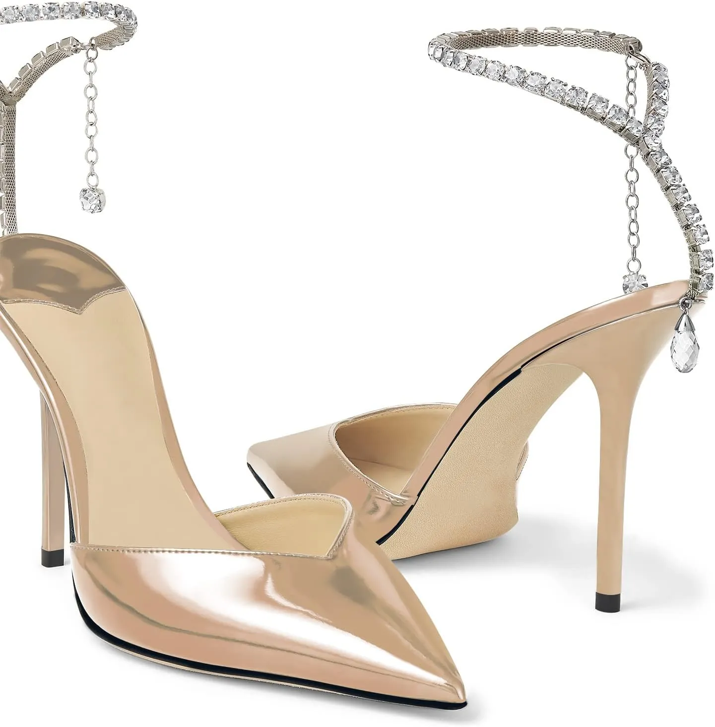 LauraVicci Women's Heeled Sandals Crystal Chain Ankle Straps Rhinestones Embellished Liquid-Metal Leather Stiletto High Heels Slip On Wedding Party Dress Shoes