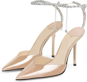 LauraVicci Women's Heeled Sandals Crystal Chain Ankle Straps Rhinestones Embellished Liquid-Metal Leather Stiletto High Heels Slip On Wedding Party Dress Shoes