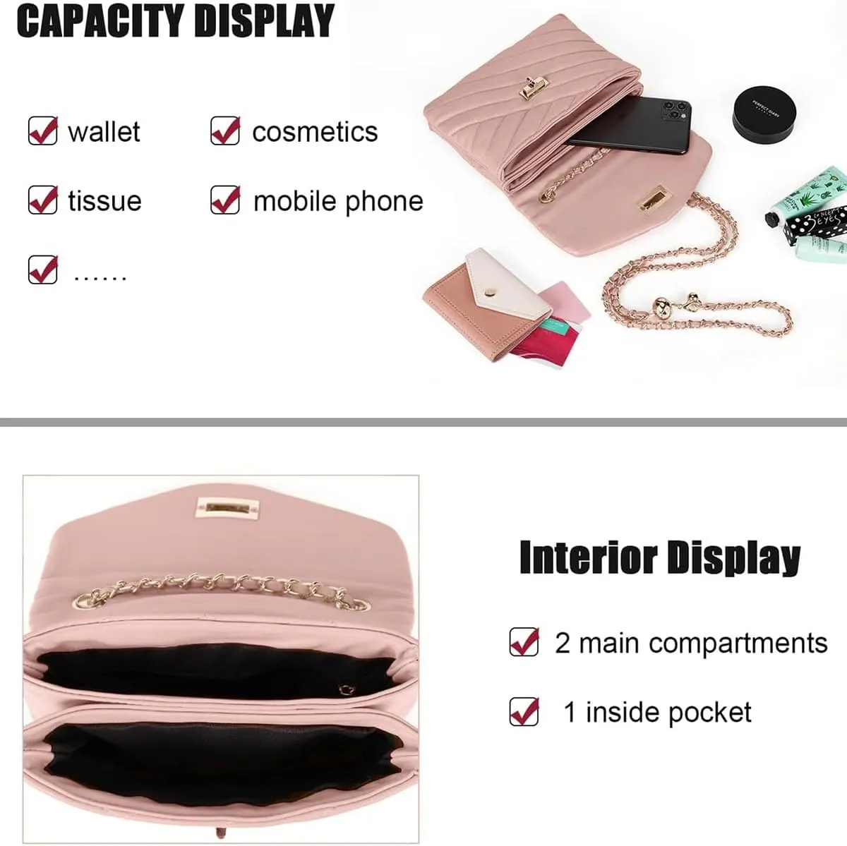 LAVTUG Quilted Crossbody Bags for Women - Vegan Leather Cute Small Purse with Gold Chain Strap, Trendy Designer Bag for Teens