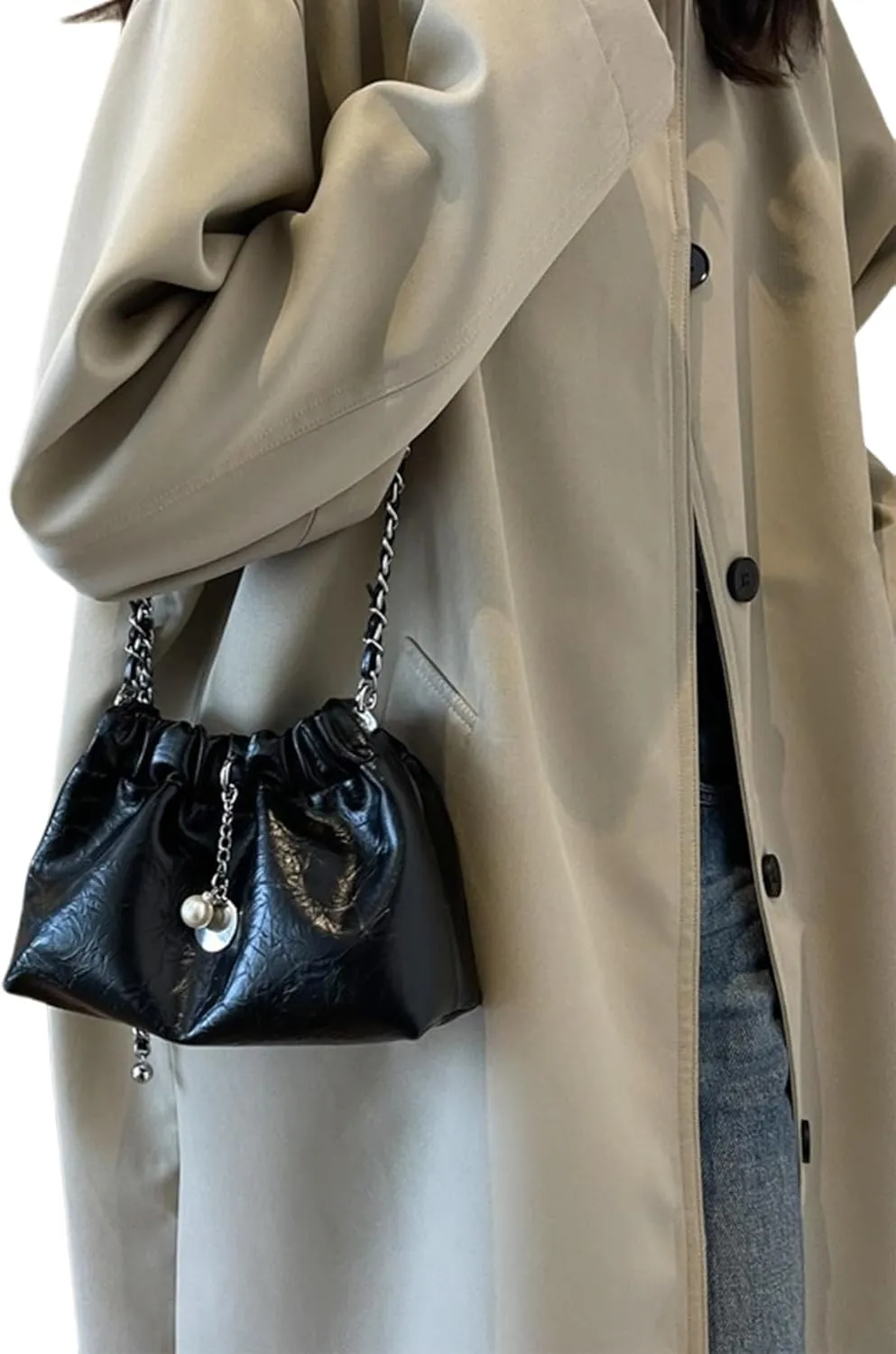 Leather Bucket Bag for Women Leather Chain Bag Hobo Bag Crossbody Shoulder Bag Small Tote Bag Sling Chest Bag