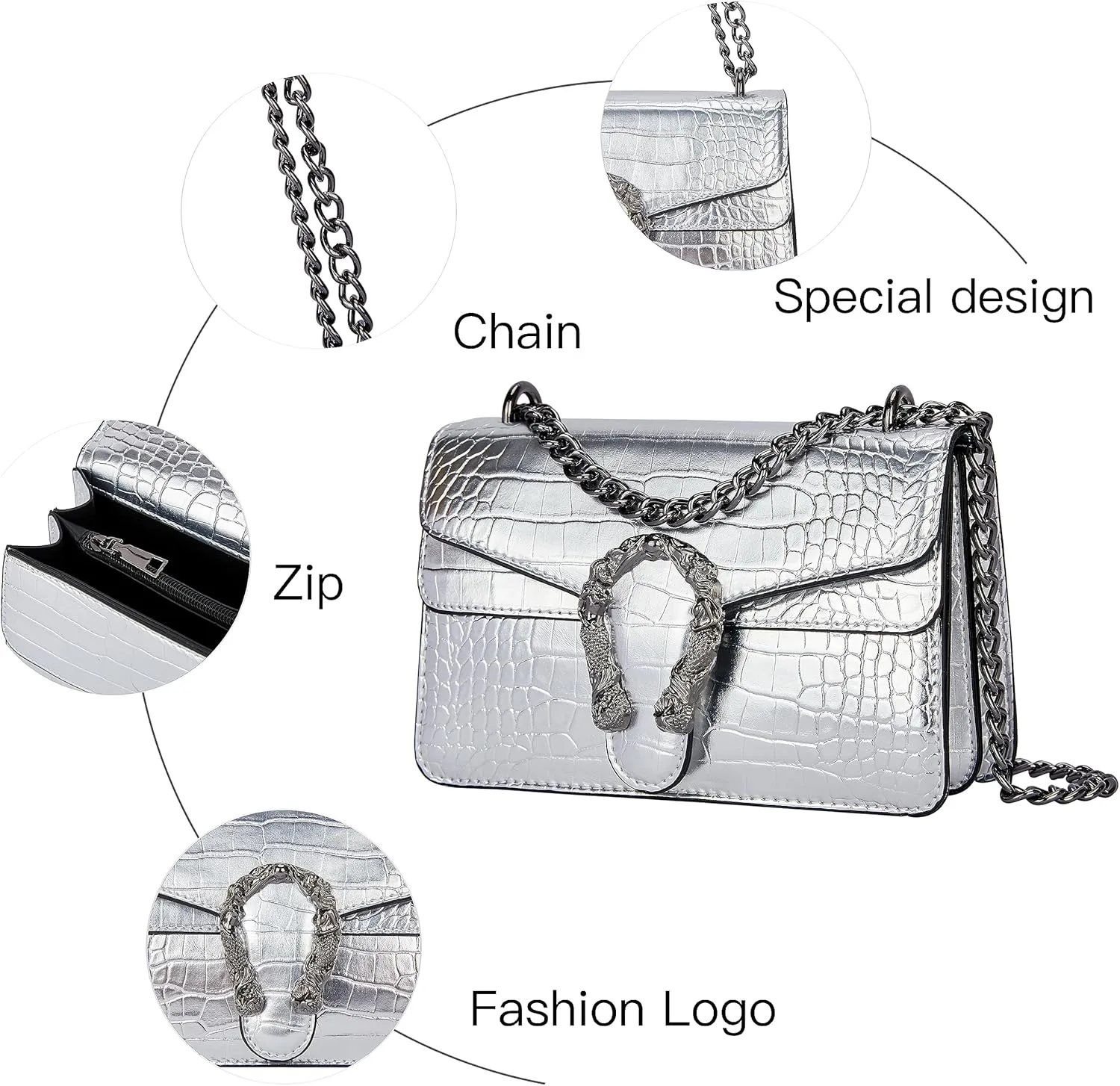 Leather Shoulder Bag Chain Purse for Women - Fashion Crossbody Bags Vintage Snake Print Underarm Bag Square Satchel Handbag