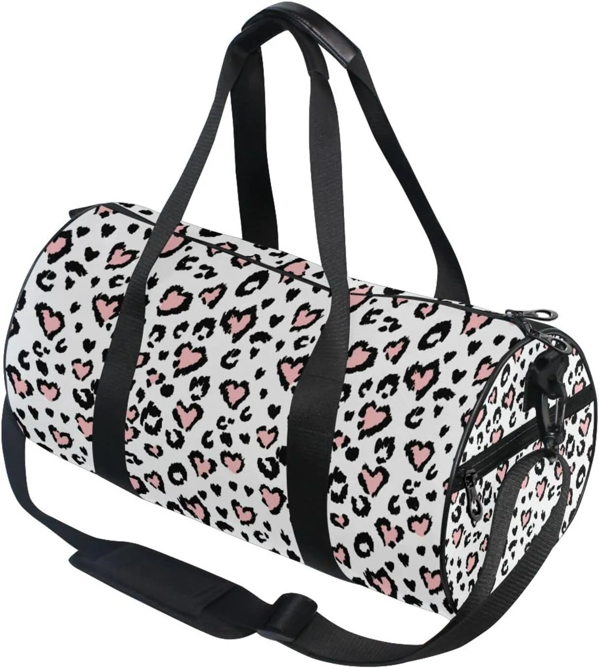 Leopard Jaguar Skin with Pink Hearts Black Spots Animal Print Duffel Bag, Foldable Canvas Travel Tote for Gym Sports with Inner Pockets, Durable Lightweight Fitness Bag for Overnight Workout