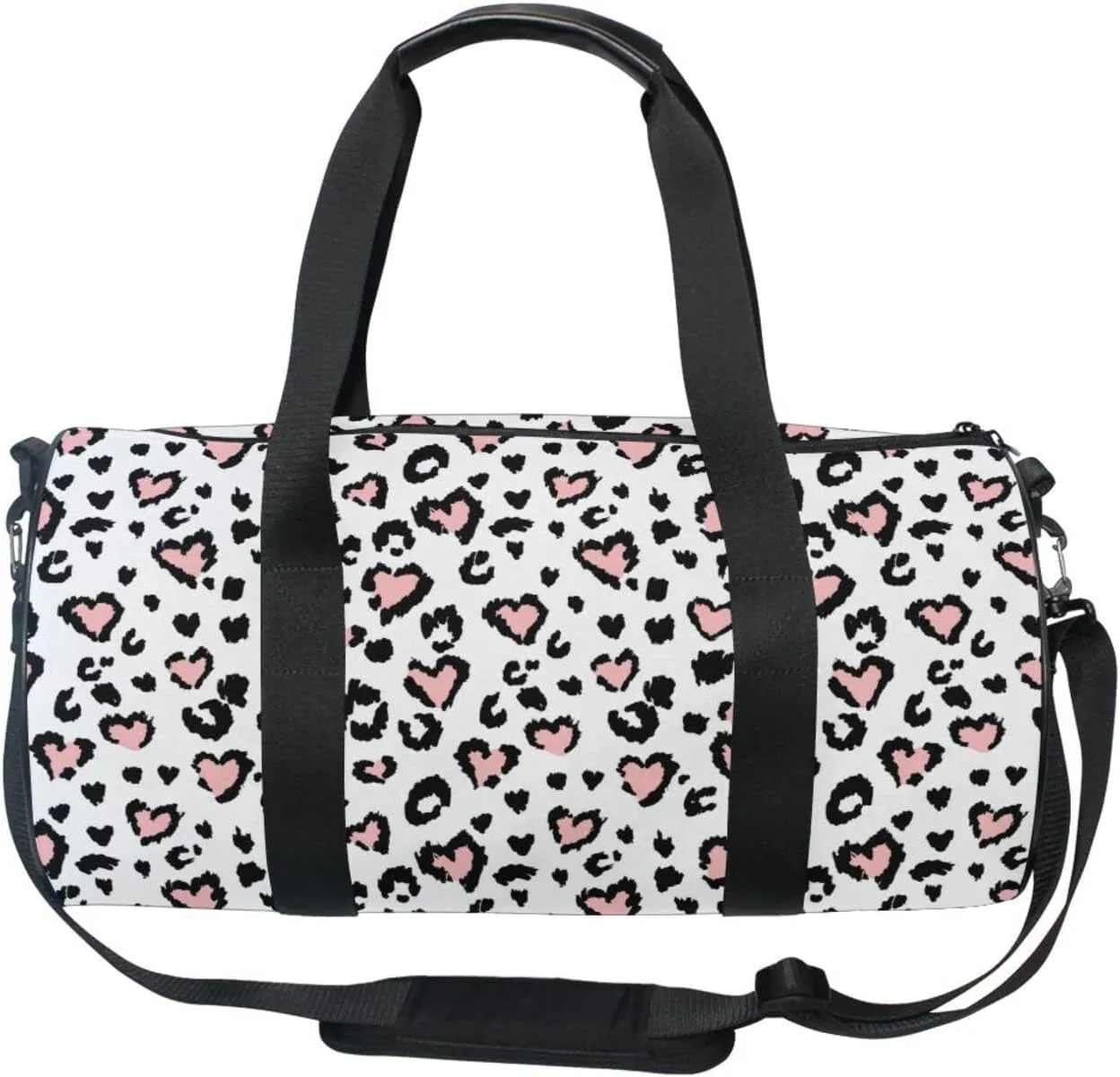 Leopard Jaguar Skin with Pink Hearts Black Spots Animal Print Duffel Bag, Foldable Canvas Travel Tote for Gym Sports with Inner Pockets, Durable Lightweight Fitness Bag for Overnight Workout