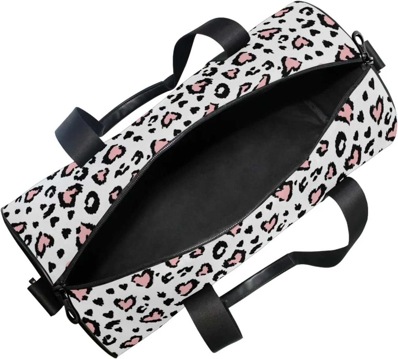 Leopard Jaguar Skin with Pink Hearts Black Spots Animal Print Duffel Bag, Foldable Canvas Travel Tote for Gym Sports with Inner Pockets, Durable Lightweight Fitness Bag for Overnight Workout