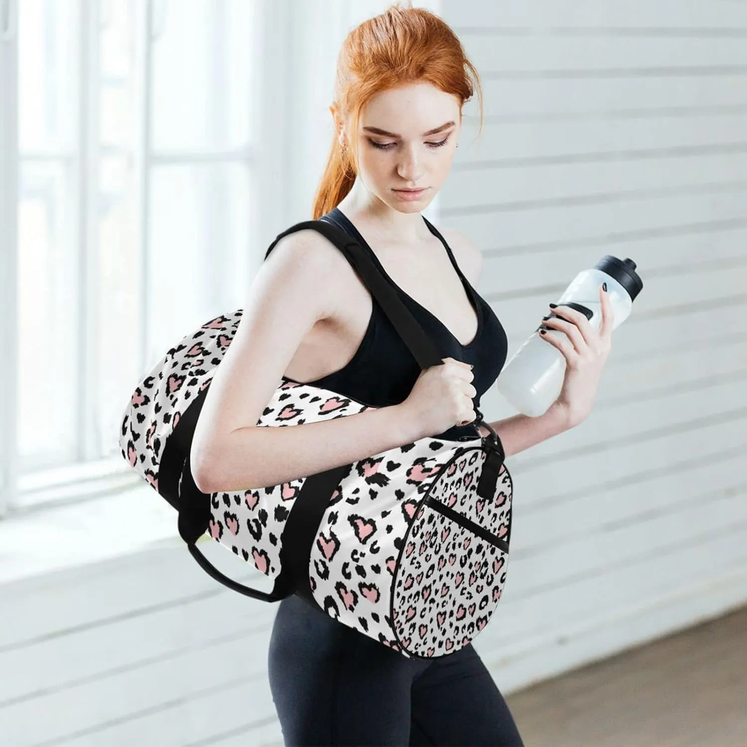 Leopard Jaguar Skin with Pink Hearts Black Spots Animal Print Duffel Bag, Foldable Canvas Travel Tote for Gym Sports with Inner Pockets, Durable Lightweight Fitness Bag for Overnight Workout