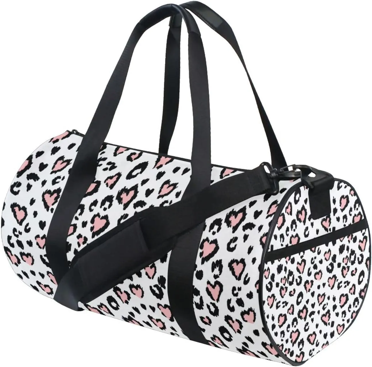 Leopard Jaguar Skin with Pink Hearts Black Spots Animal Print Duffel Bag, Foldable Canvas Travel Tote for Gym Sports with Inner Pockets, Durable Lightweight Fitness Bag for Overnight Workout