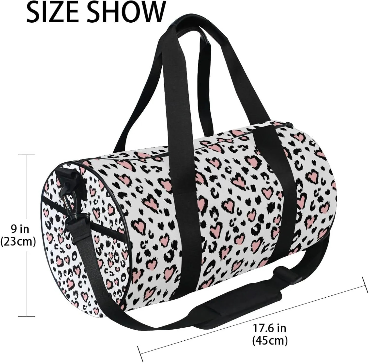 Leopard Jaguar Skin with Pink Hearts Black Spots Animal Print Duffel Bag, Foldable Canvas Travel Tote for Gym Sports with Inner Pockets, Durable Lightweight Fitness Bag for Overnight Workout